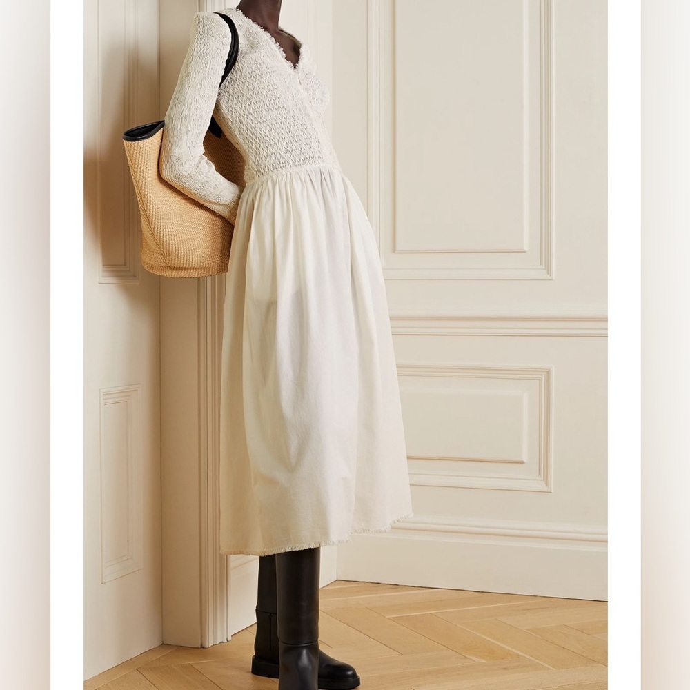 Sea New York Casey Hand Smocked White Long Sleeve Midi Dress Size 12 Large - Picture 1 of 9